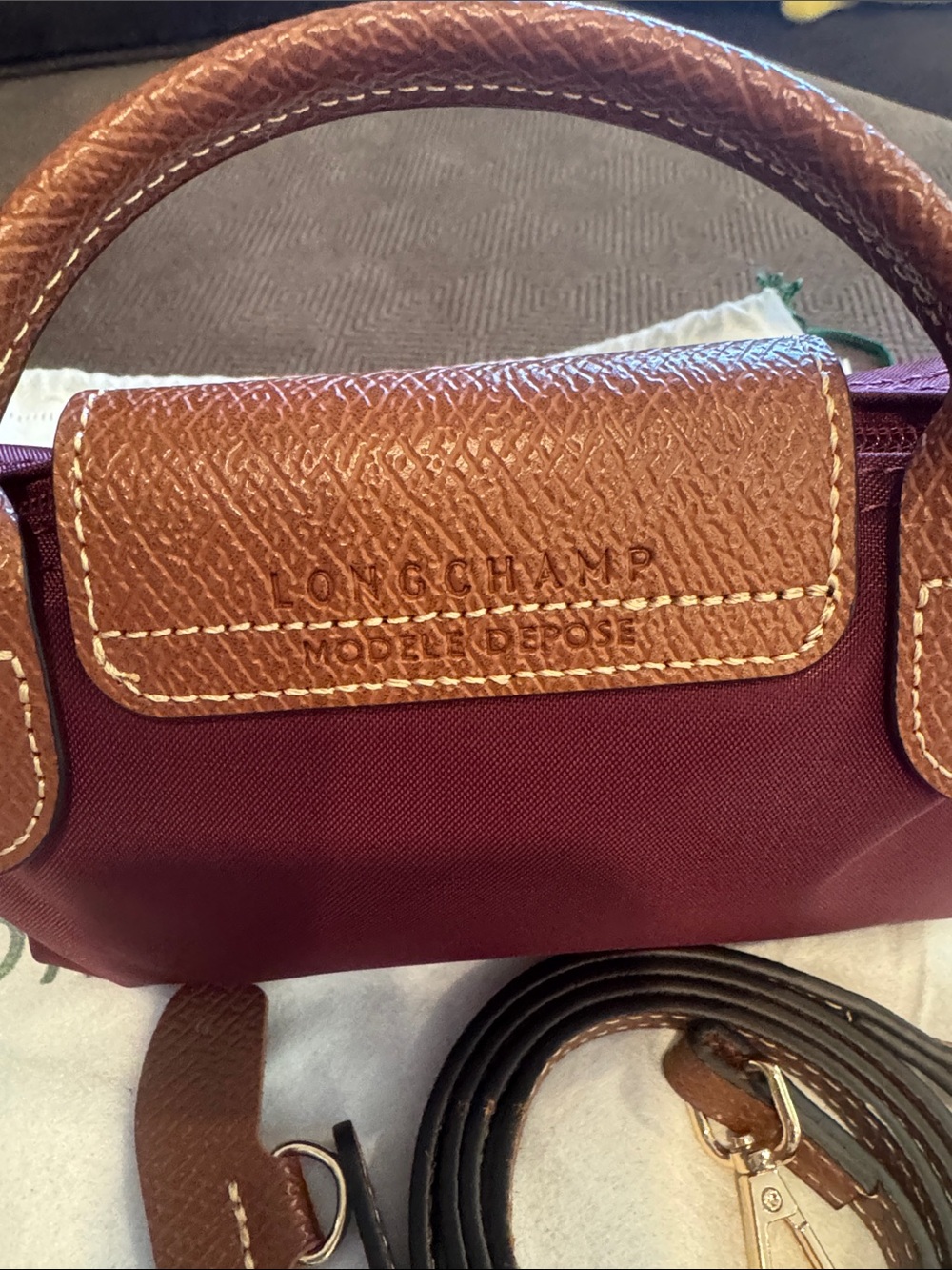 Longchamp Small Crossbody Bag in Burgundy with Brown Trim - Picture 4 of 6
